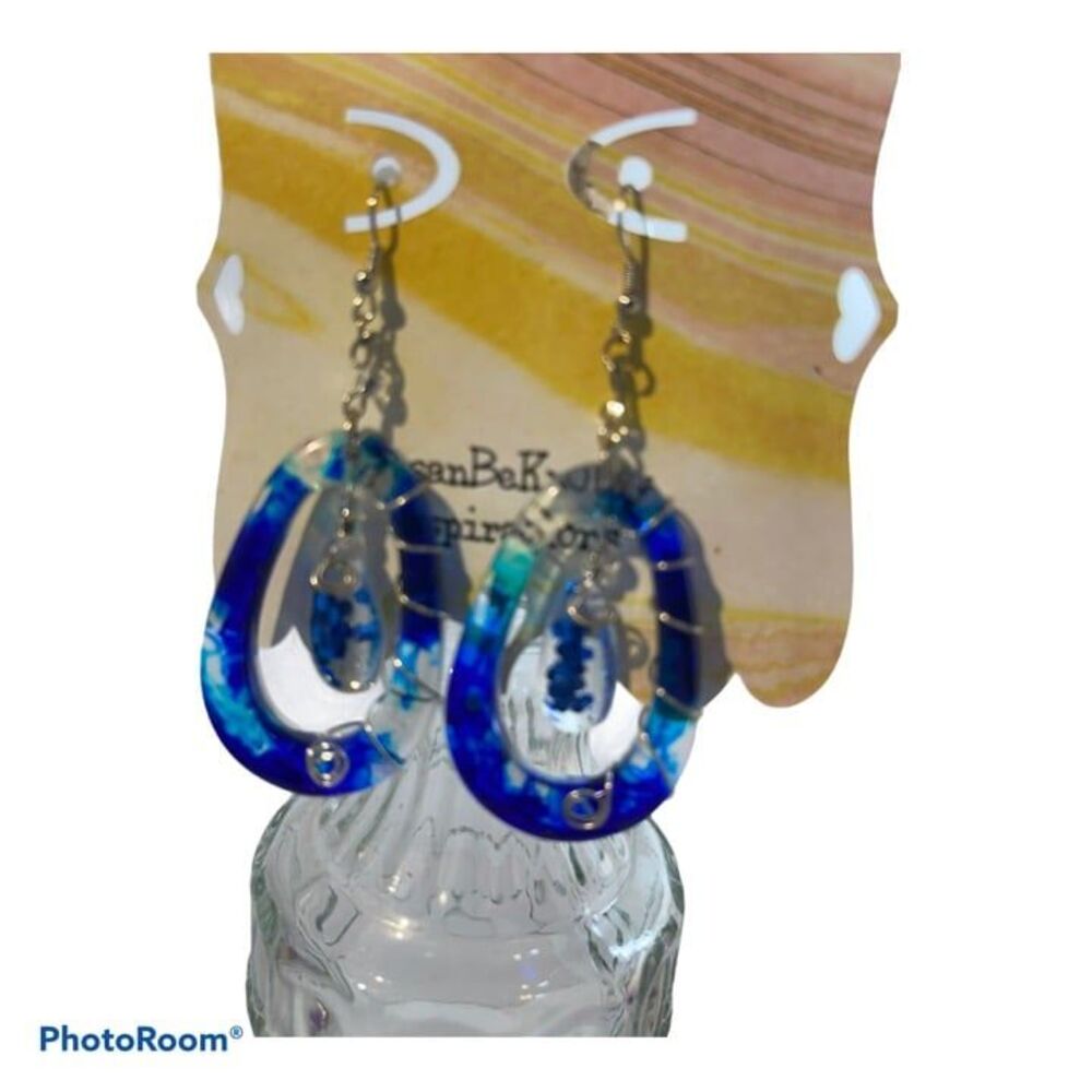 Multi blue oval -dangle silver tone hoop